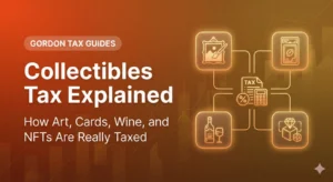 A featured image on a burnt orange background with the title "Collectibles Tax Explained." The design features glowing icons of a painting, a trading card, a wine bottle, and an NFT block, all connected to a central tax document icon, representing the varied tax implications for different types of collectible assets.